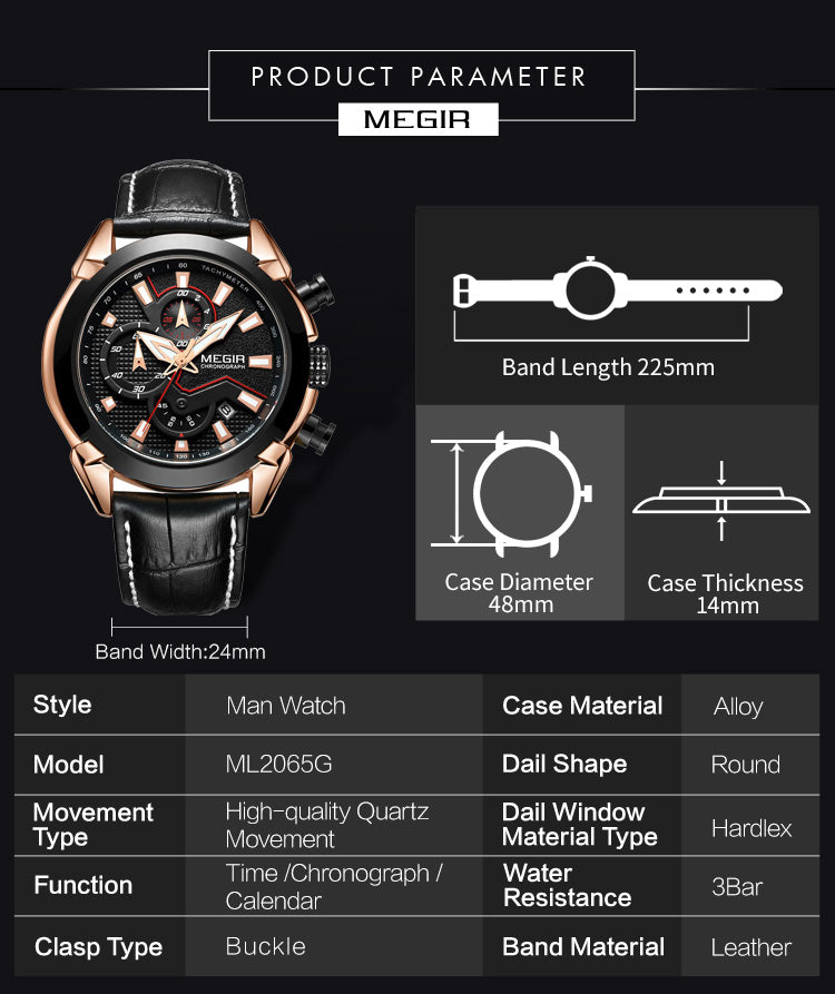 MEGIR Sport Chronograph Men's Quartz Wristwatch Waterproof Male Clock Calendar Luminous Man Watches Calendar Leather Watch 2065-11