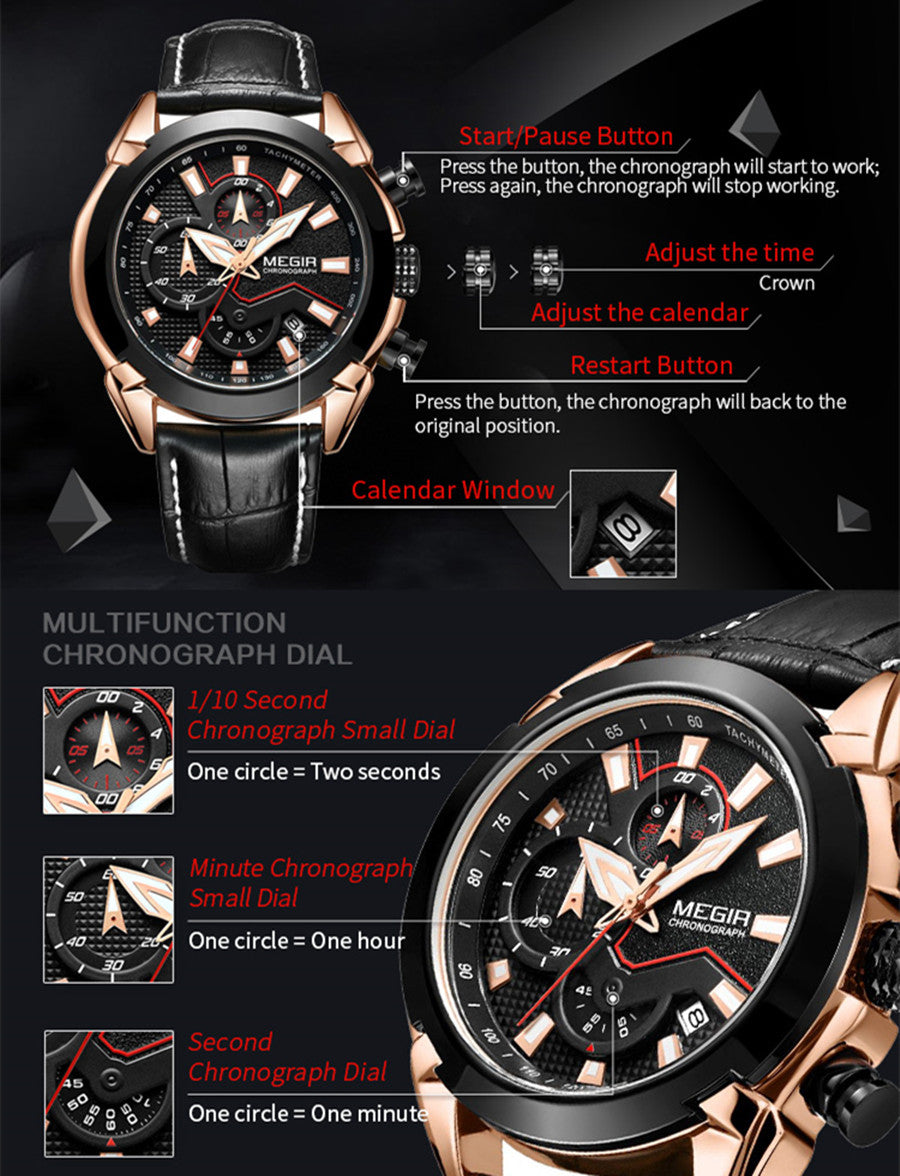 MEGIR Sport Chronograph Men's Quartz Wristwatch Waterproof Male Clock Calendar Luminous Man Watches Calendar Leather Watch 2065-12