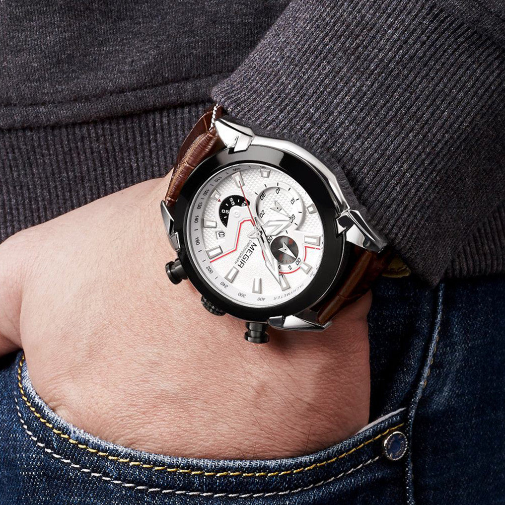 MEGIR Sport Chronograph Men's Quartz Wristwatch Waterproof Male Clock Calendar Luminous Man Watches Calendar Leather Watch 2065-5