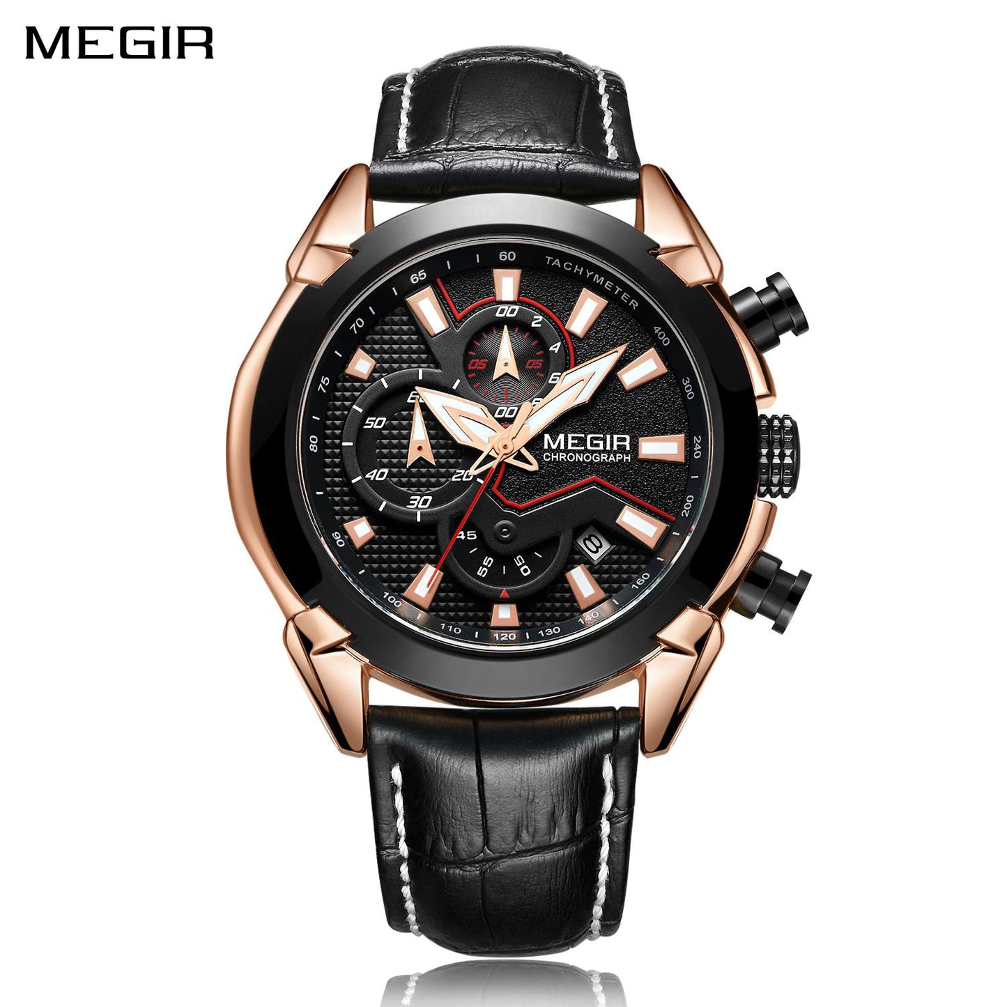 MEGIR Sport Chronograph Men's Quartz Wristwatch Waterproof Male Clock Calendar Luminous Man Watches Calendar Leather Watch 2065-0