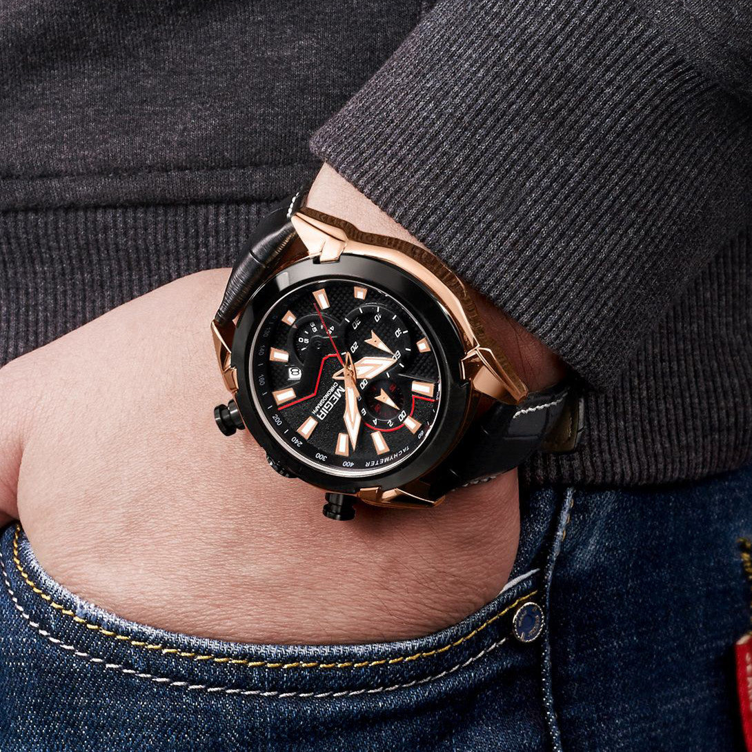 MEGIR Sport Chronograph Men's Quartz Wristwatch Waterproof Male Clock Calendar Luminous Man Watches Calendar Leather Watch 2065-1