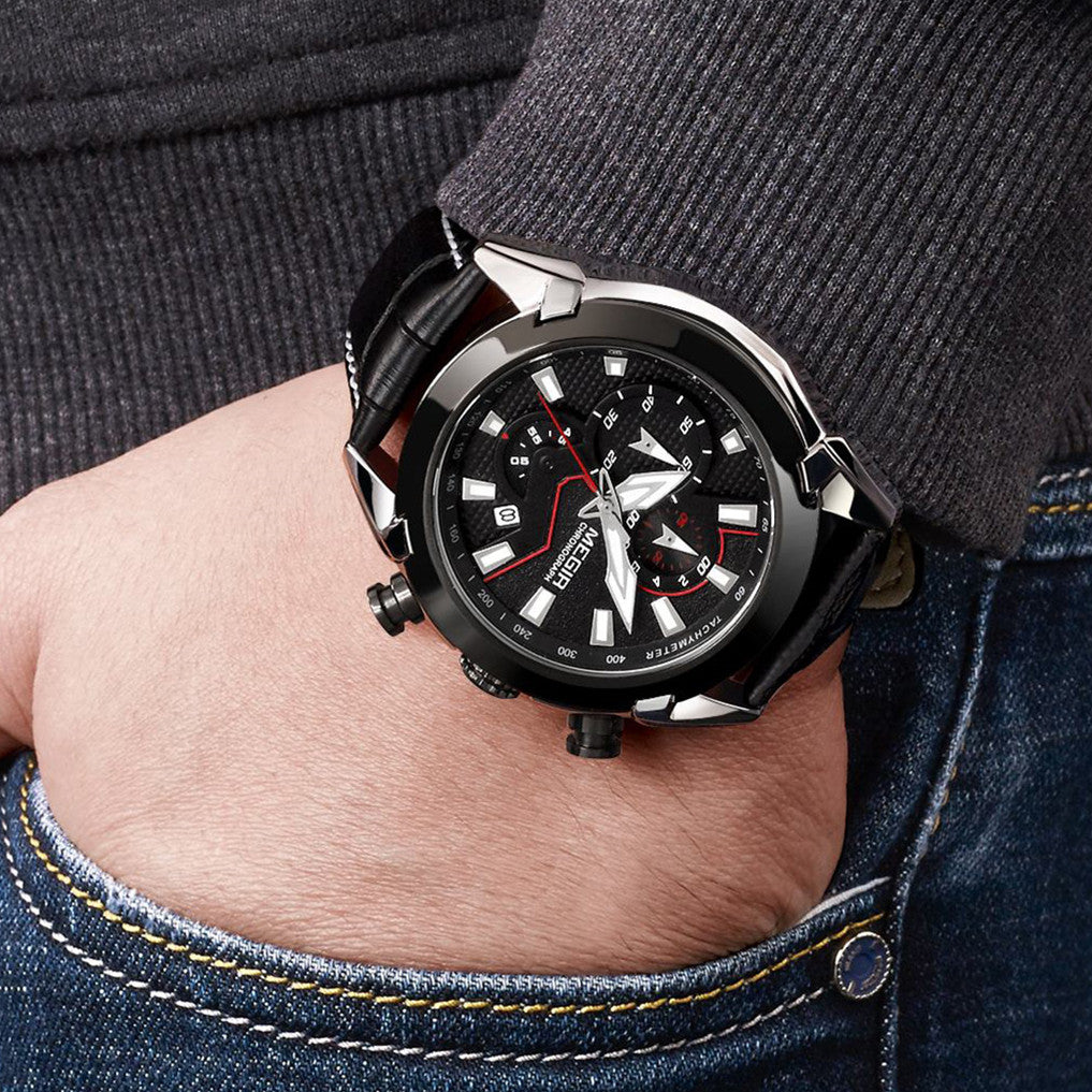 MEGIR Sport Chronograph Men's Quartz Wristwatch Waterproof Male Clock Calendar Luminous Man Watches Calendar Leather Watch 2065-4