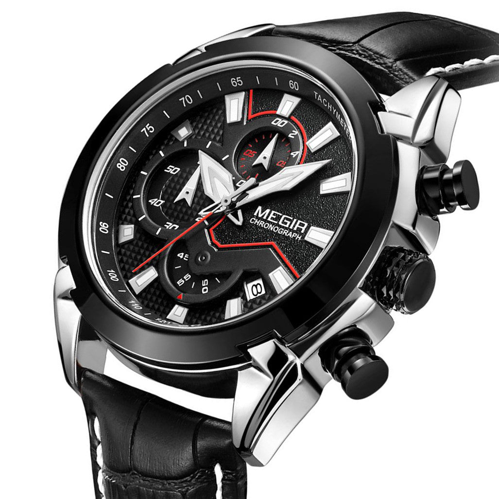 MEGIR Sport Chronograph Men's Quartz Wristwatch Waterproof Male Clock Calendar Luminous Man Watches Calendar Leather Watch 2065-8