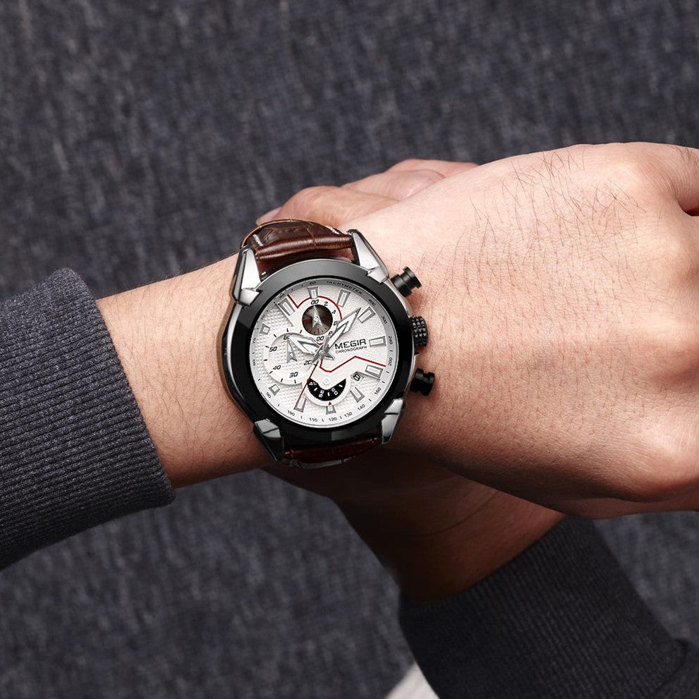 MEGIR Sport Chronograph Men's Quartz Wristwatch Waterproof Male Clock Calendar Luminous Man Watches Calendar Leather Watch 2065-6