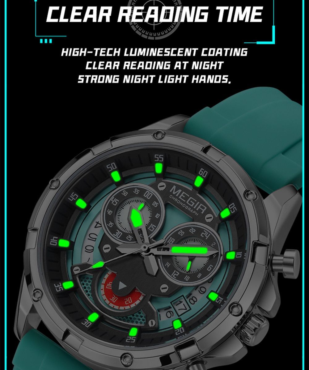 MEGIR Men's Sport Watches Silicone Strap Military Quartz Chronograph Waterproof Luminous Wristwatch 24-hour Auto Date Reloj Hombre 2248-5
