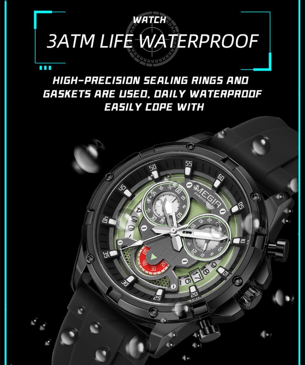 MEGIR Men's Sport Watches Silicone Strap Military Quartz Chronograph Waterproof Luminous Wristwatch 24-hour Auto Date Reloj Hombre 2248-6