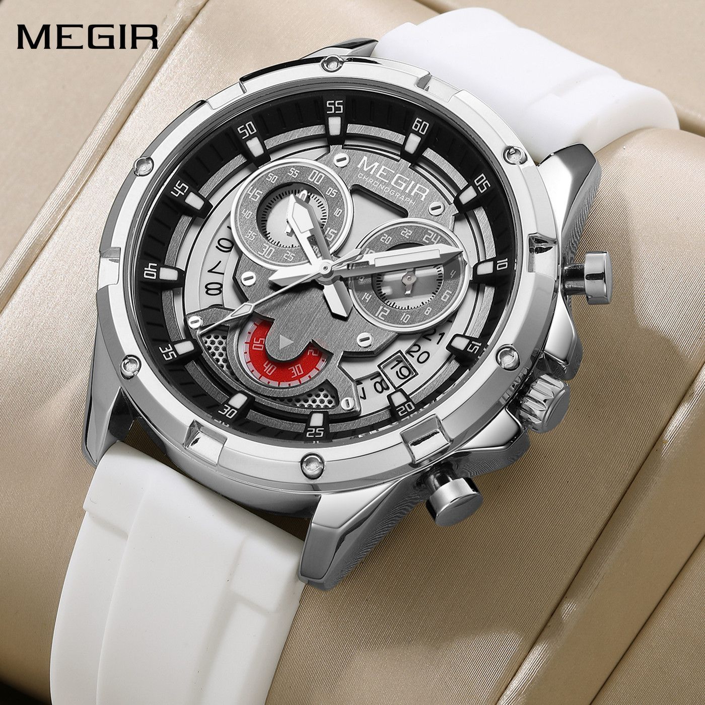 MEGIR Men's Sport Watches Silicone Strap Military Quartz Chronograph Waterproof Luminous Wristwatch 24-hour Auto Date Reloj Hombre 2248-0