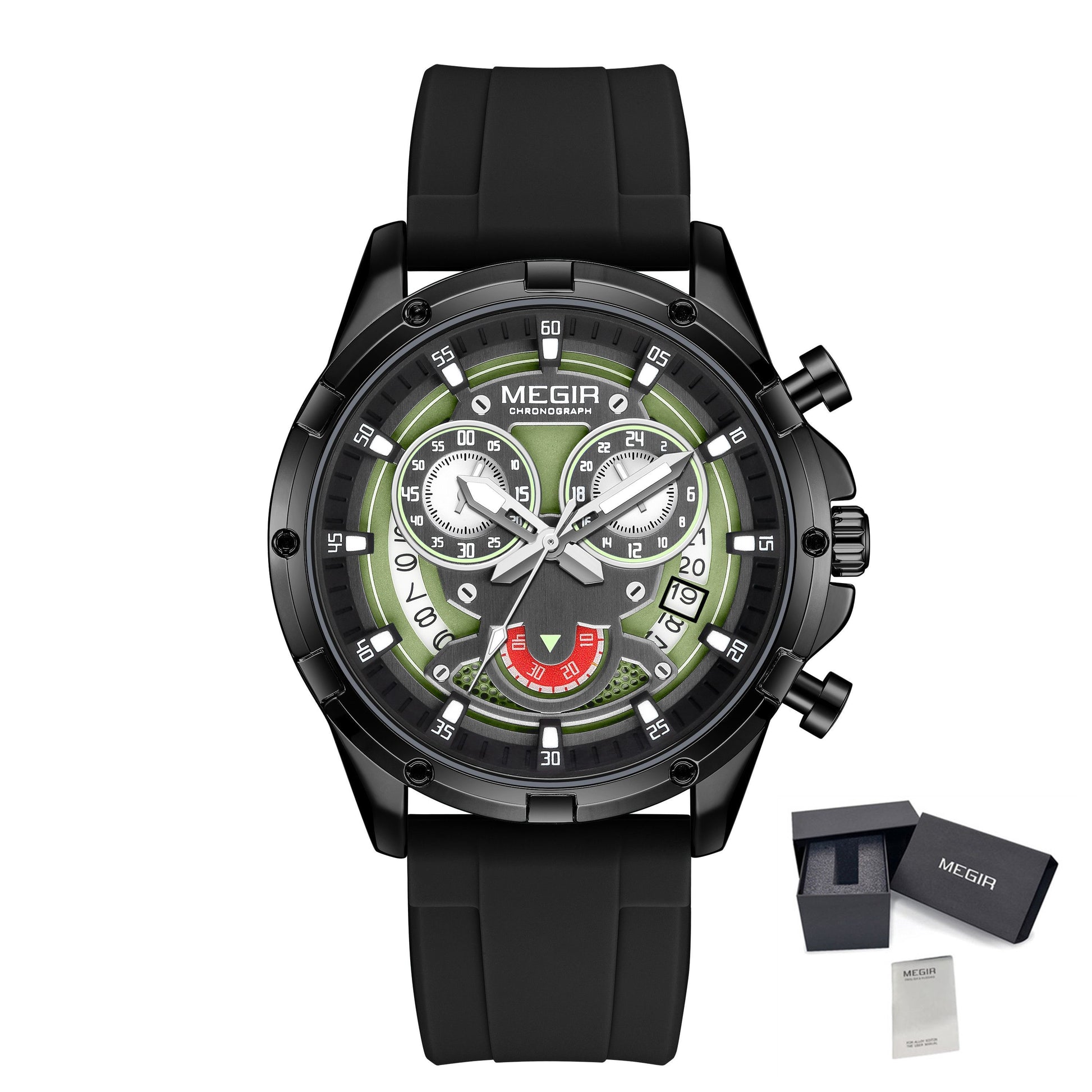 MEGIR Men's Sport Watches Silicone Strap Military Quartz Chronograph Waterproof Luminous Wristwatch 24-hour Auto Date Reloj Hombre 2248-13