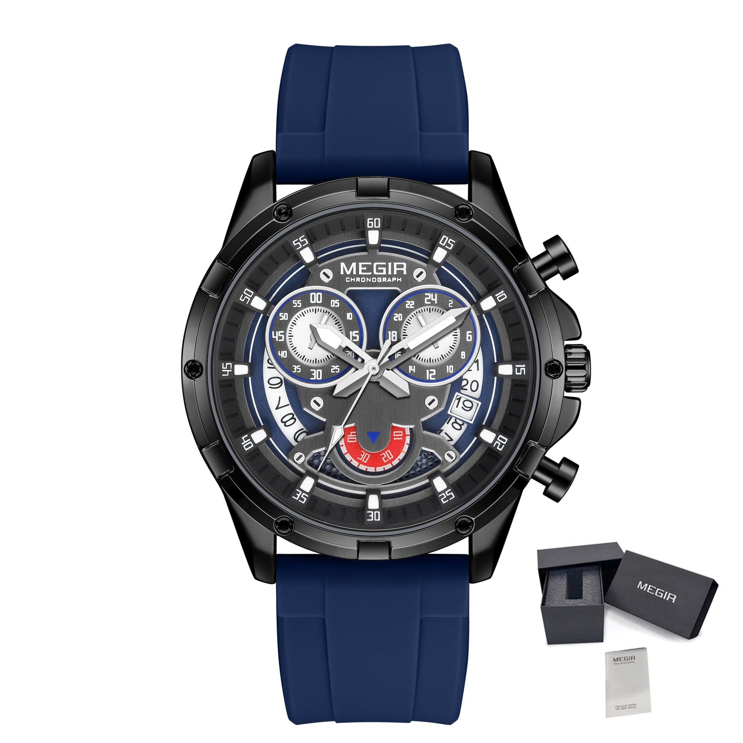 MEGIR Men's Sport Watches Silicone Strap Military Quartz Chronograph Waterproof Luminous Wristwatch 24-hour Auto Date Reloj Hombre 2248-16