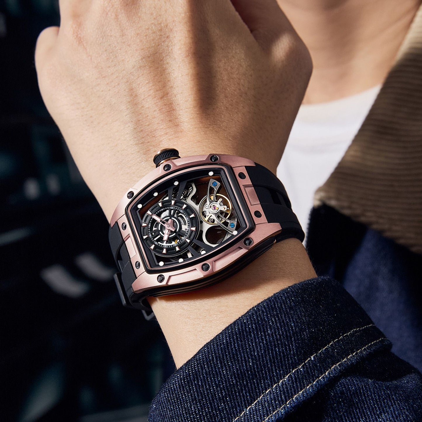 New Fashion Automatic Mechanical Watches for Men Waterproof Skeleton Dial Stainless Steel Case Male Wristwatch Clock 9198-6-1