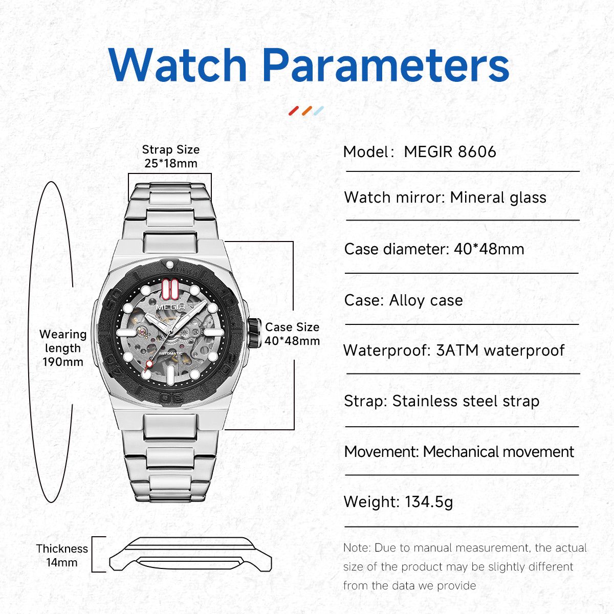 MEGIR Skeleton Dial Mechanical Watches for Men Luxury Business Wristwatch Stainless Steel Waterproof Automatic Watch Clock 8606-6