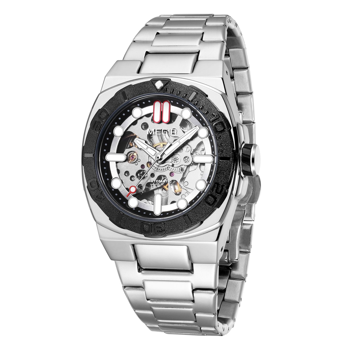 MEGIR Skeleton Dial Mechanical Watches for Men Luxury Business Wristwatch Stainless Steel Waterproof Automatic Watch Clock 8606-9