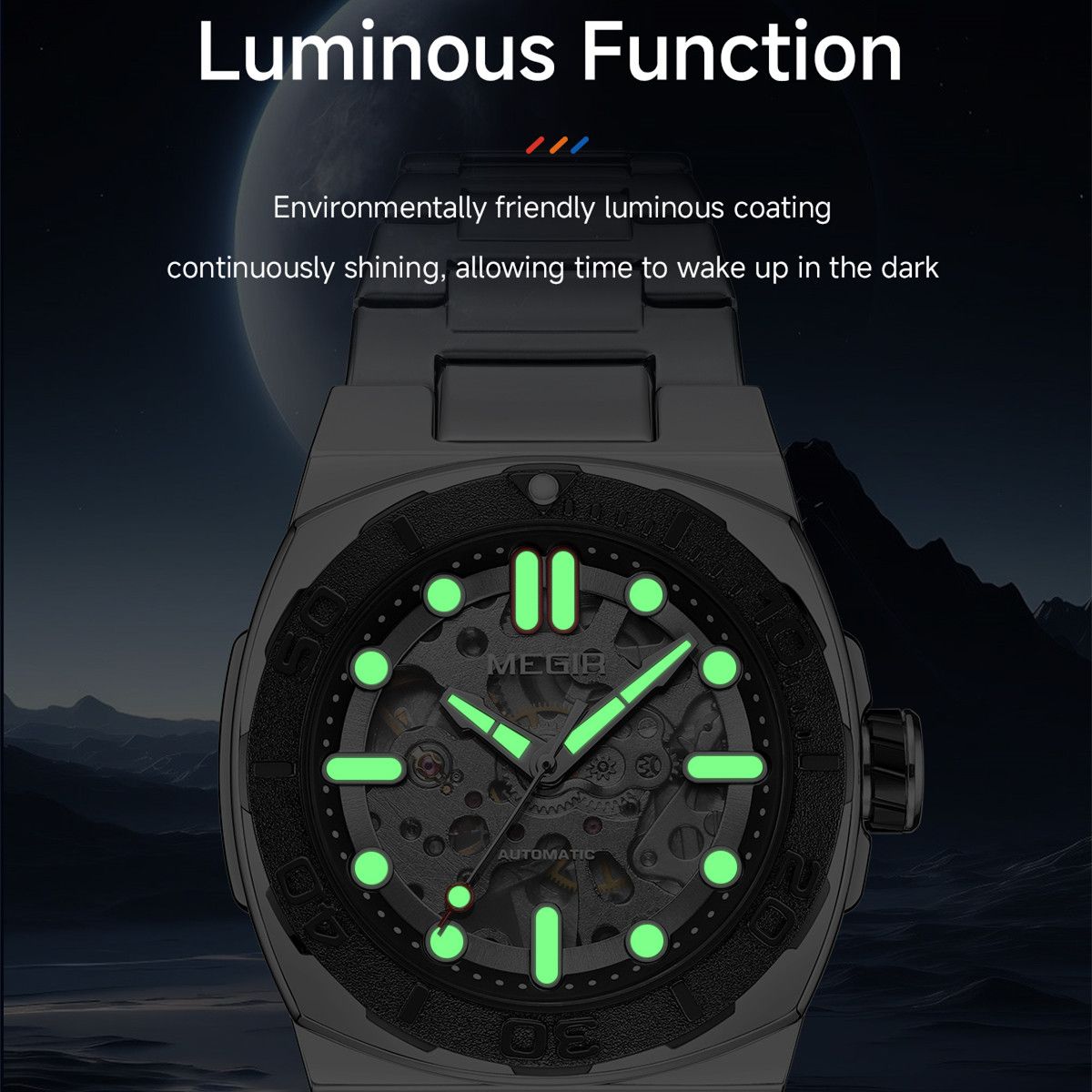 MEGIR Skeleton Dial Mechanical Watches for Men Luxury Business Wristwatch Stainless Steel Waterproof Automatic Watch Clock 8606-7