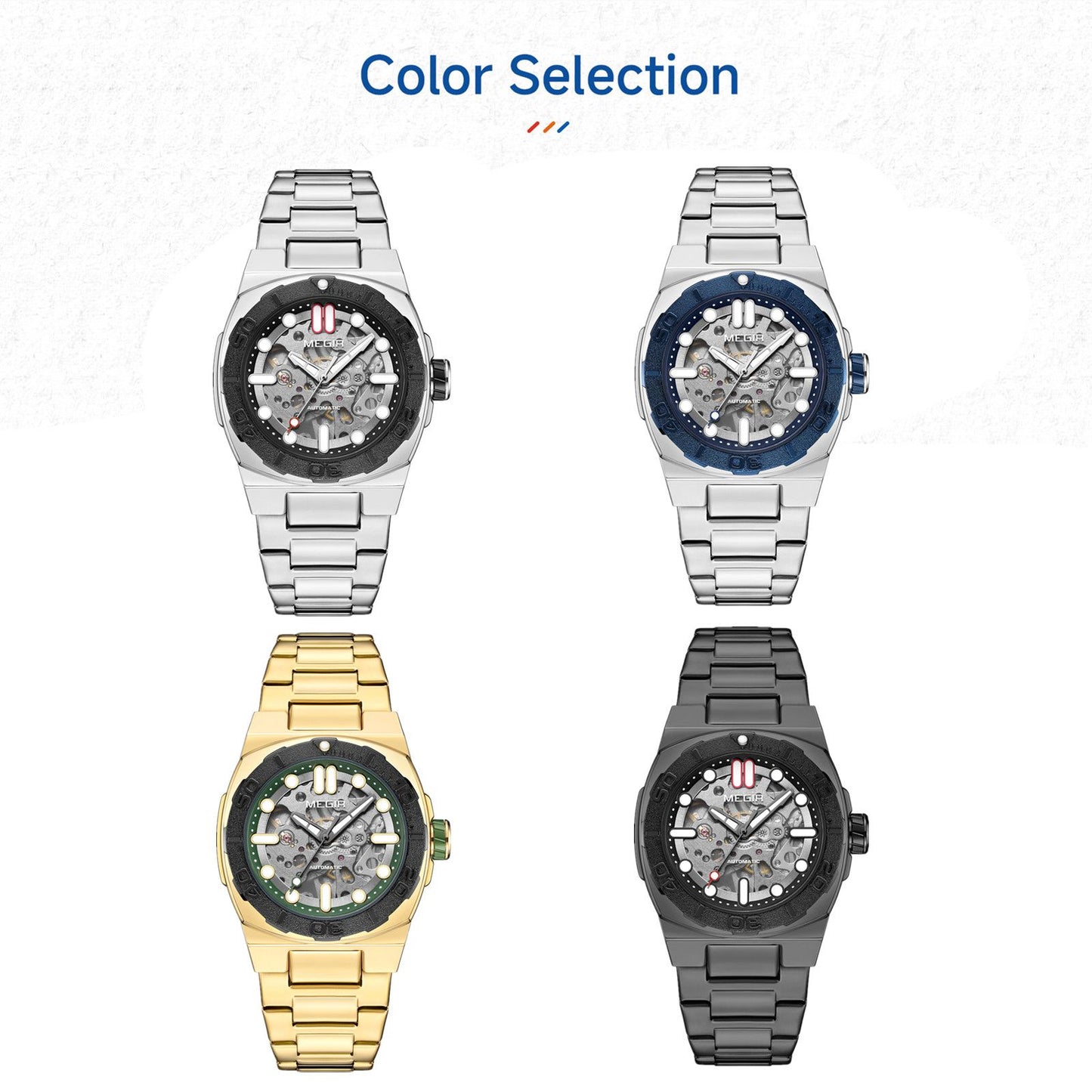 MEGIR Skeleton Dial Mechanical Watches for Men Luxury Business Wristwatch Stainless Steel Waterproof Automatic Watch Clock 8606-5