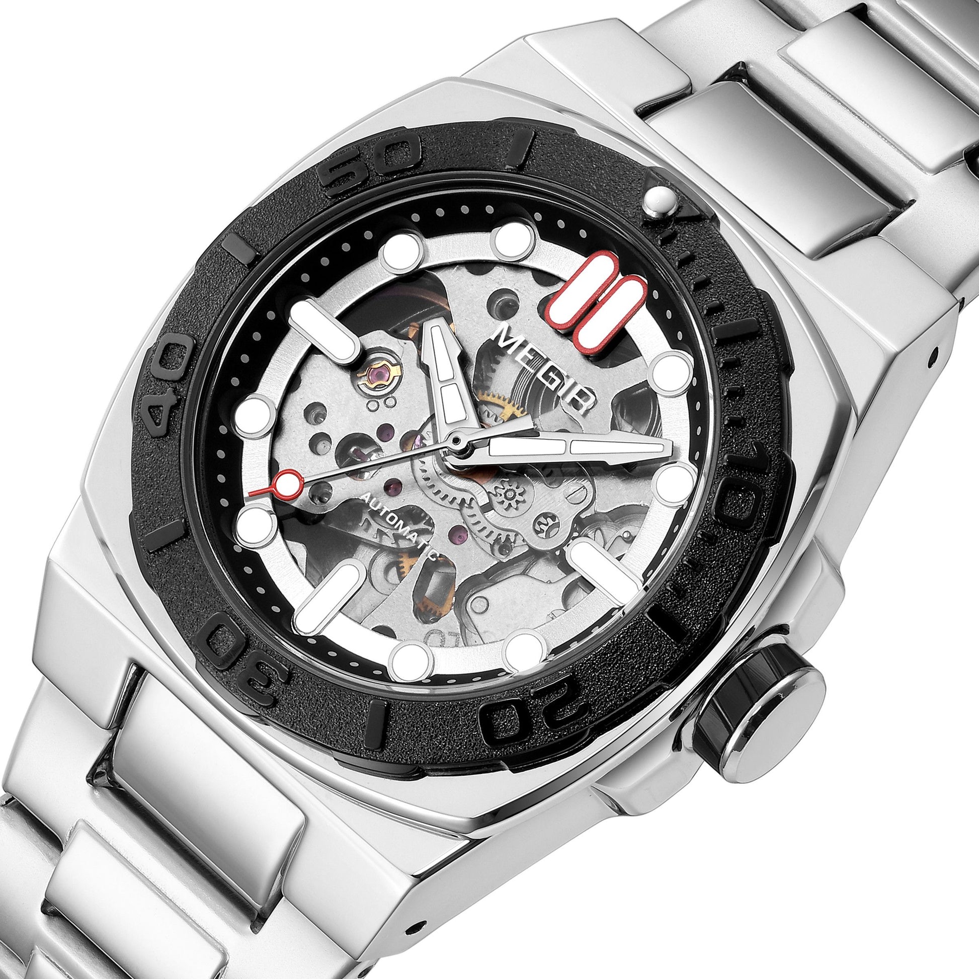 MEGIR Skeleton Dial Mechanical Watches for Men Luxury Business Wristwatch Stainless Steel Waterproof Automatic Watch Clock 8606-10