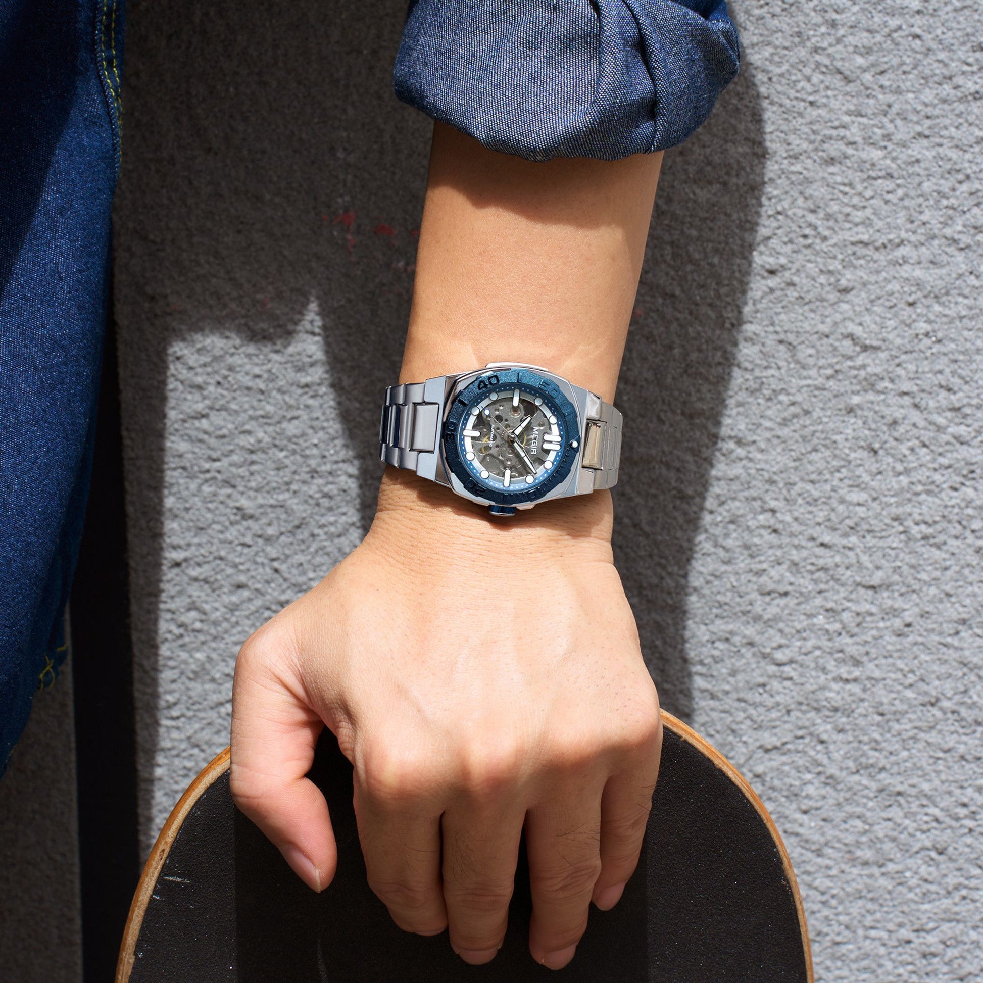 MEGIR Skeleton Dial Mechanical Watches for Men Luxury Business Wristwatch Stainless Steel Waterproof Automatic Watch Clock 8606-3