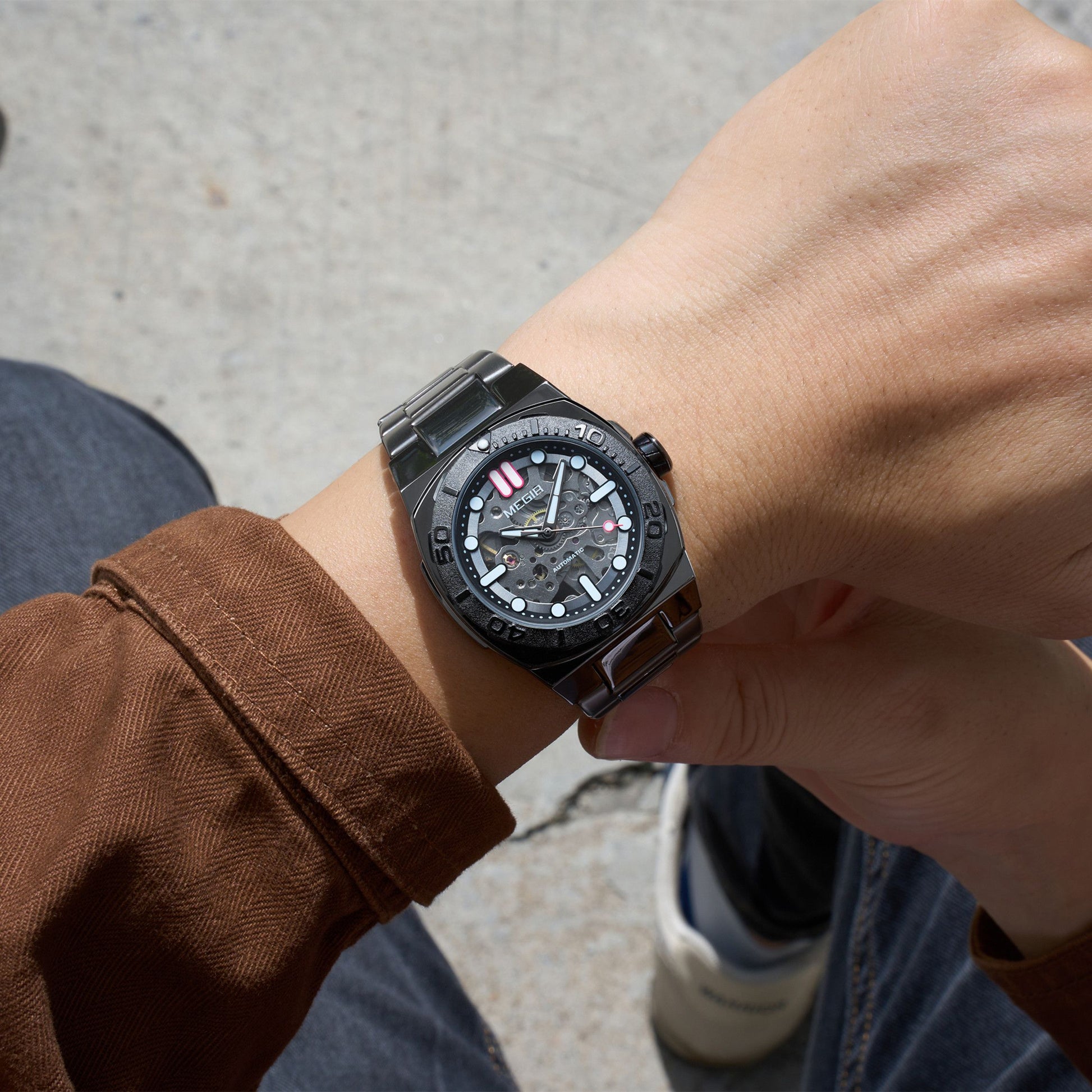 MEGIR Skeleton Dial Mechanical Watches for Men Luxury Business Wristwatch Stainless Steel Waterproof Automatic Watch Clock 8606-4