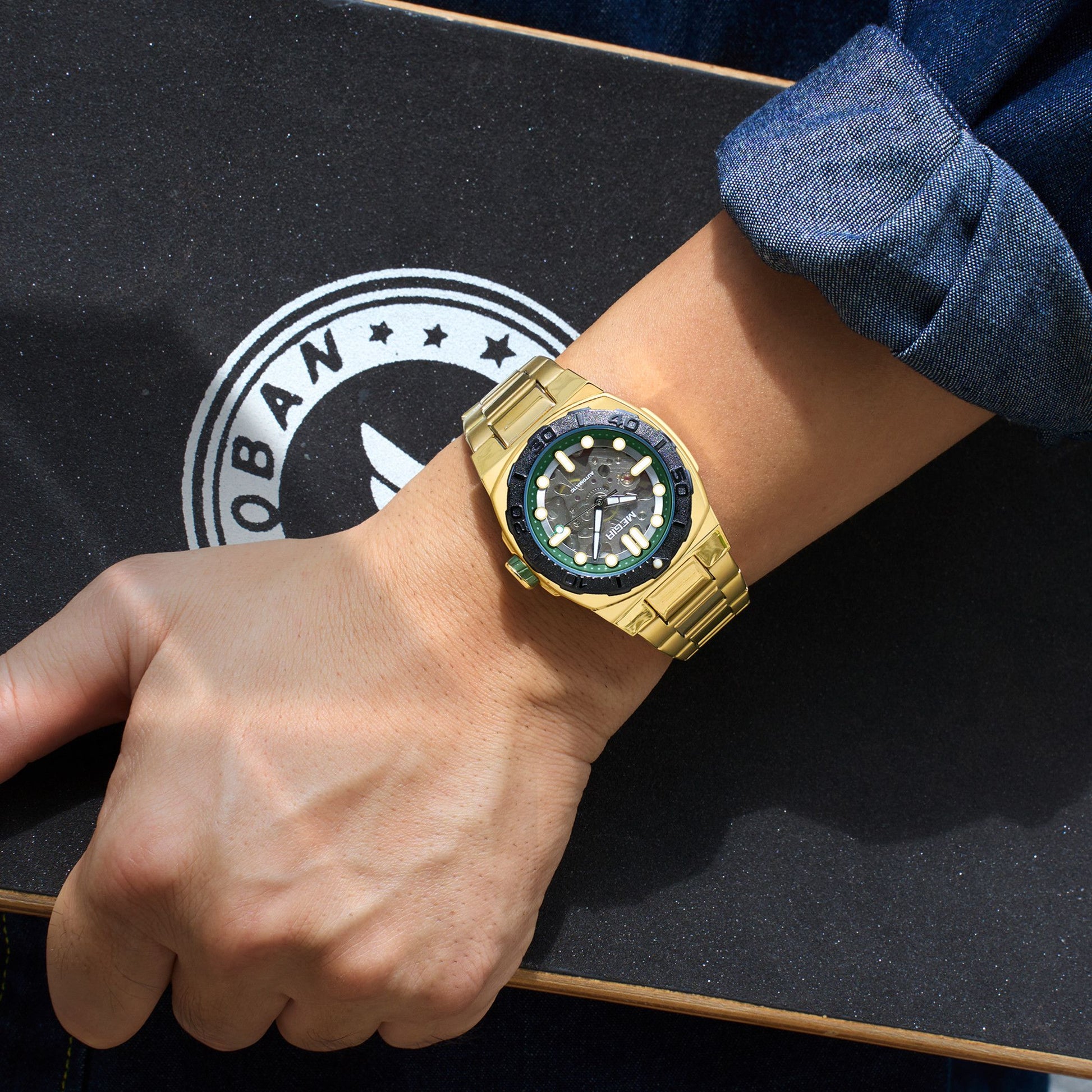 MEGIR Skeleton Dial Mechanical Watches for Men Luxury Business Wristwatch Stainless Steel Waterproof Automatic Watch Clock 8606-1